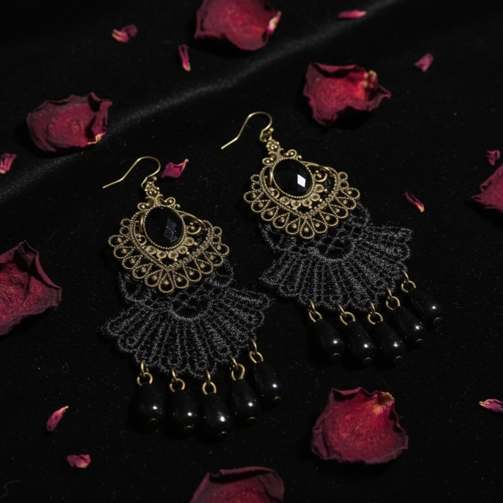 Vintage Inspired Gothic Chandelier Earrings Black Lace Antique Bronze Filigree